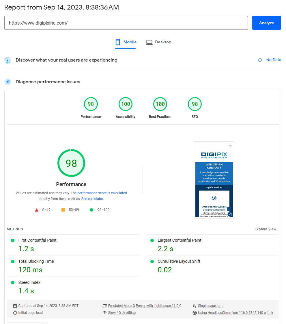 DigiPixInc.com website speed results MOBILE Sept. 14, 2023.png