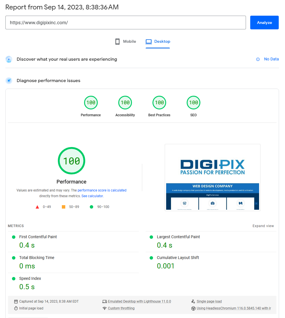 DigiPixInc.com website speed results DESKTOP Sept. 14, 2023.png